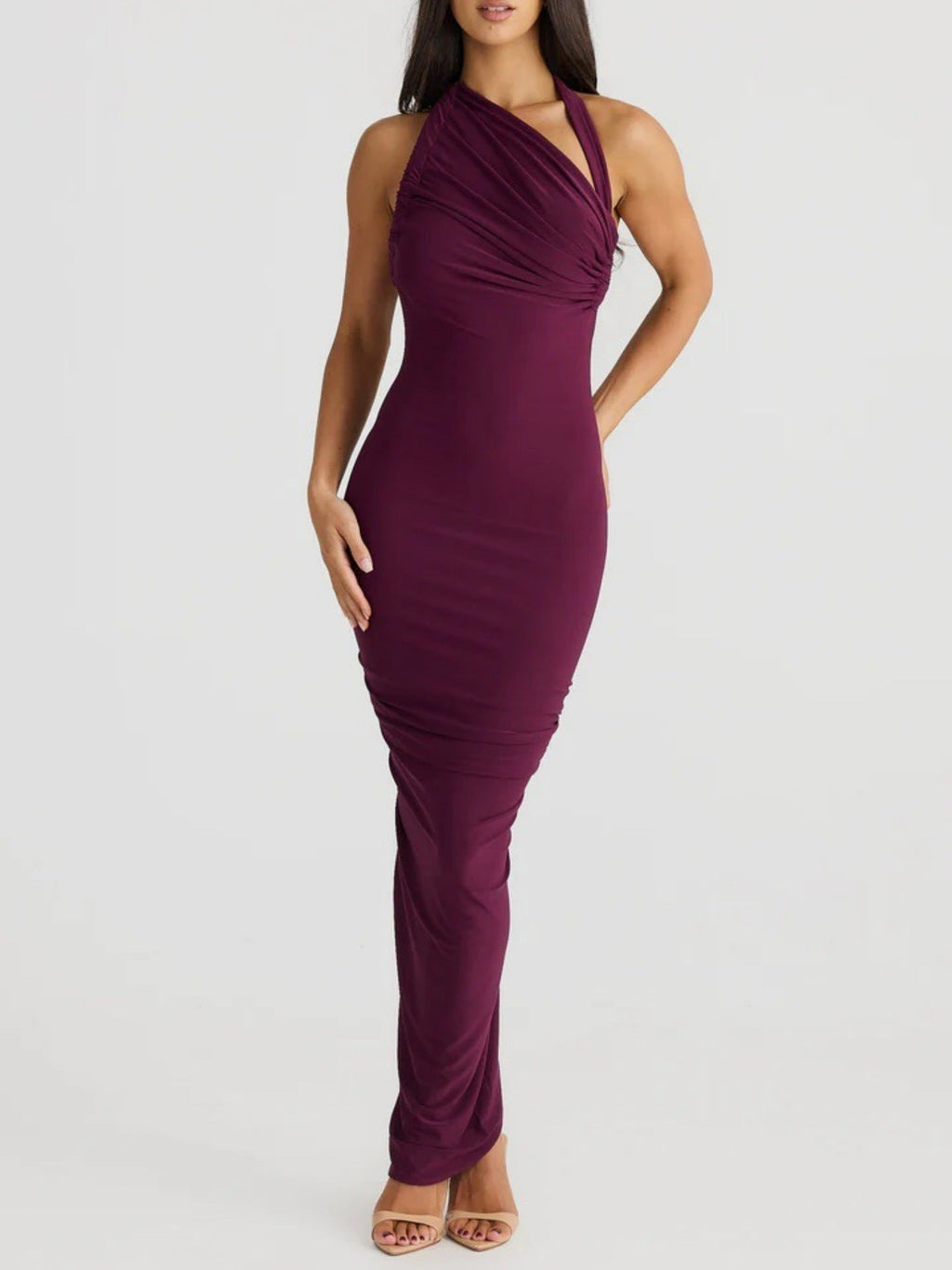 Damen Elegantes langes Wickelkleid mit schulterfreiem Design und gerafftem Oberteil