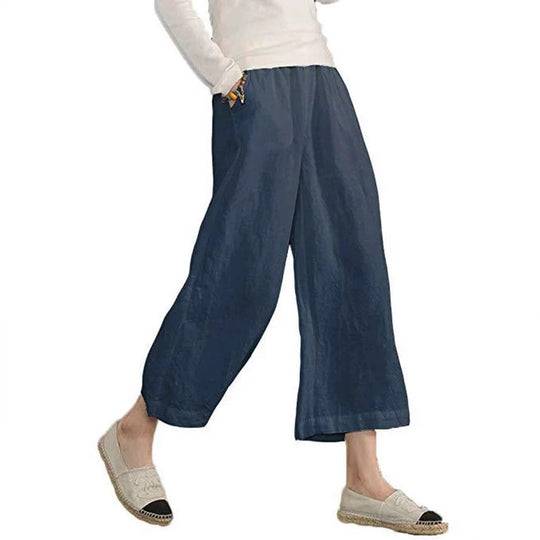 Damen weite Leinenhose mit seitlichen Taschen und elastischem Bund