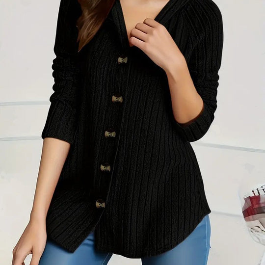 Damen kaschierender gerippter Strickcardigan mit V-Ausschnitt und dekorativen Knöpfen Shop Nory