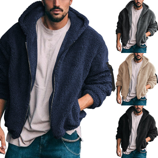 Herren Gefütterte Fleece-Kapuzenjacke mit Teddy-Finish, Reißverschluss und Seitentaschen Shop Nory