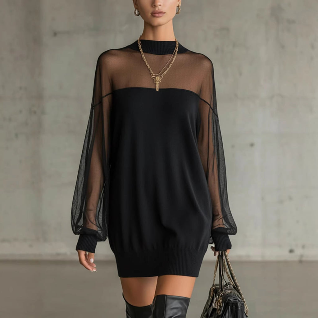 Damen Luftiges Minikleid mit transparenten Ärmelpartien und stylischem Highneck Shopnory