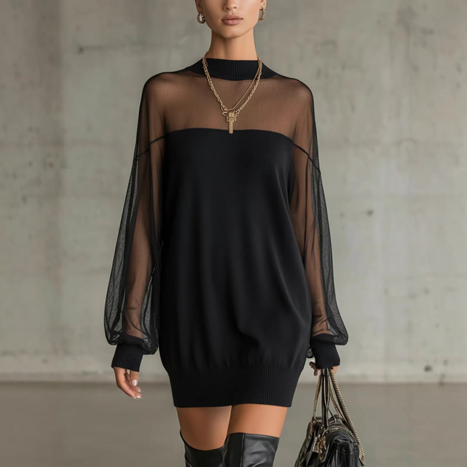 Damen Luftiges Minikleid mit transparenten Ärmelpartien und stylischem Highneck Shopnory