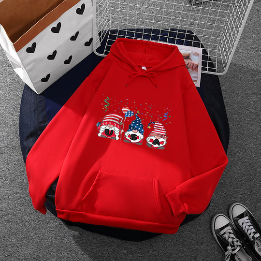 Damen nan Kapuzenpullover mit patriotischem Gartenzwerg-Print, angerautem Fleece-Innenfutter, Oversize-Schnitt und Kängurutasche Shop Nory
