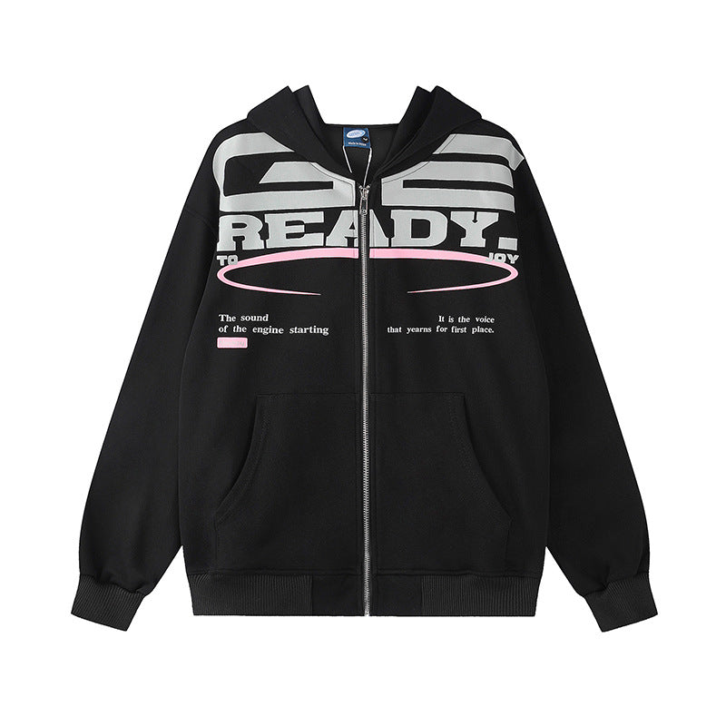 Damen Kapuzen-Sweatjacke mit durchgehendem Reißverschluss, Oversize-Schnitt und Statement-Frontprint Shop Nory