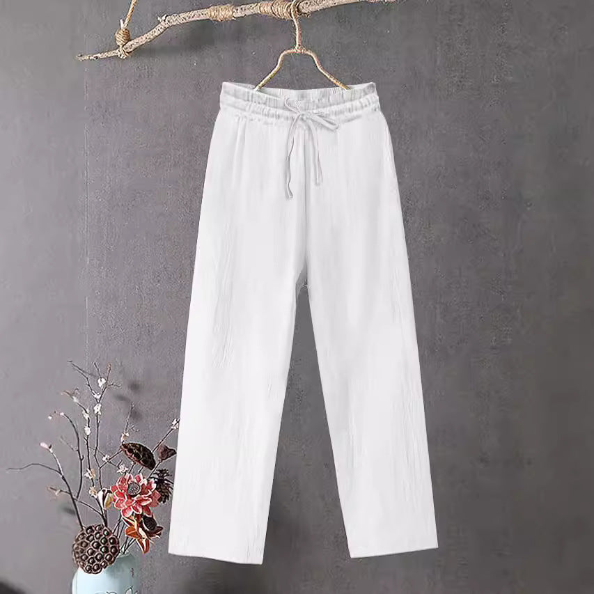 Damen Crinkle Leinenmischung Hose mit elastischem Kordelzug, gerade Beinform und lässiger Passform Shop Nory