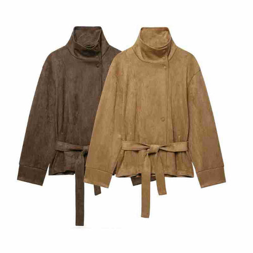 Damen Kurze Velours‑Optik Jacke mit hohem Funnelkragen, Druckknopfleiste und Bindegürtel Shop Nory