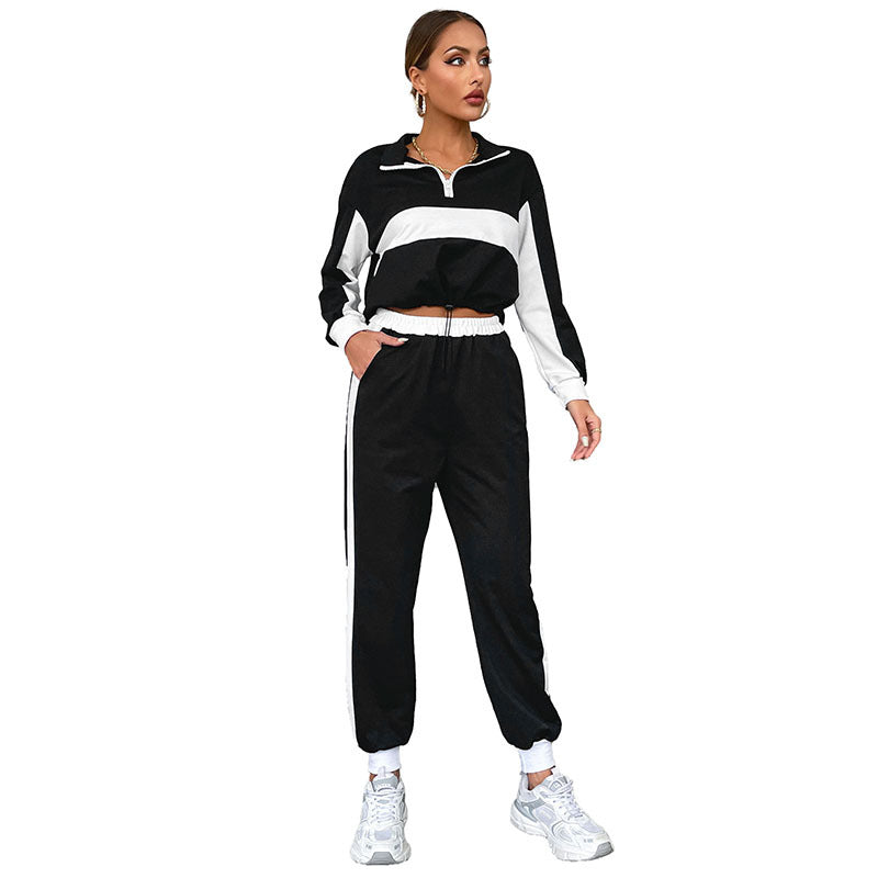 Damen Sportives Crop-Trainingsset mit Half‑Zip, Kontraststreifen & Tunnelzughose Shop Nory