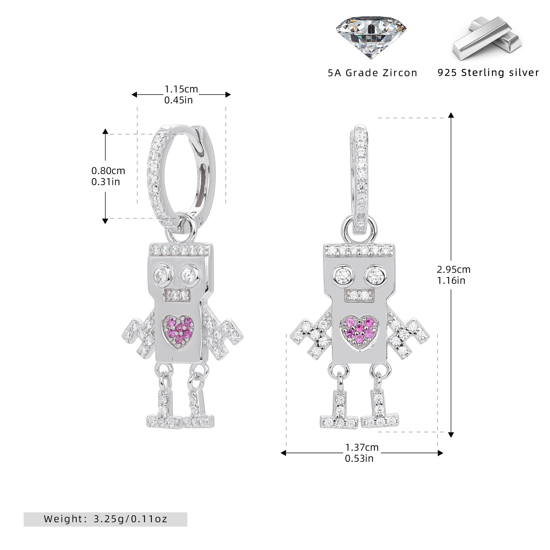 Damen Ohrhänger im kreativen Roboterdesign aus 925 Sterling Silber mit funkelnden Zirkonia Shop Nory