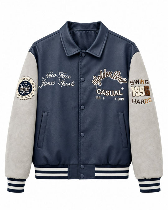 Herren Varsity-Lederoptik Collegejacke mit Kontrastärmeln, gestickten Patches und geripptem Saum Shop Nory