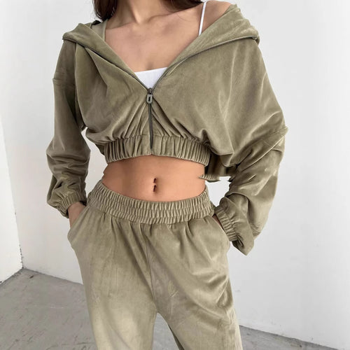 Damen luxuriöser Samt-Trainingsanzug mit geraffter Bomberjacke und High-Waist Jogginghose Shop Nory