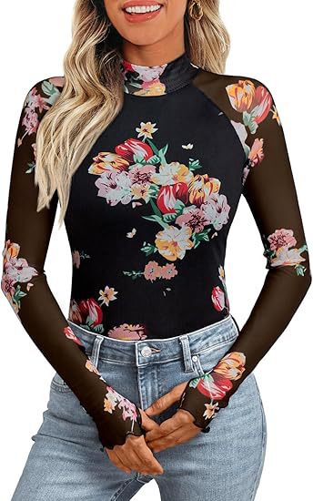 Damen Transparentes Mesh-Longsleeve mit Blumenprint und Stehkragen Shop Nory