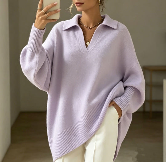Damen Oversize-Polokragen V-Ausschnitt Strickpullover mit Ballonärmeln Shop Nory