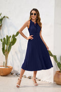Damen Plissiertes Midikleid mit elegantem Schlitz und verstellbarem Kragen Shopnory