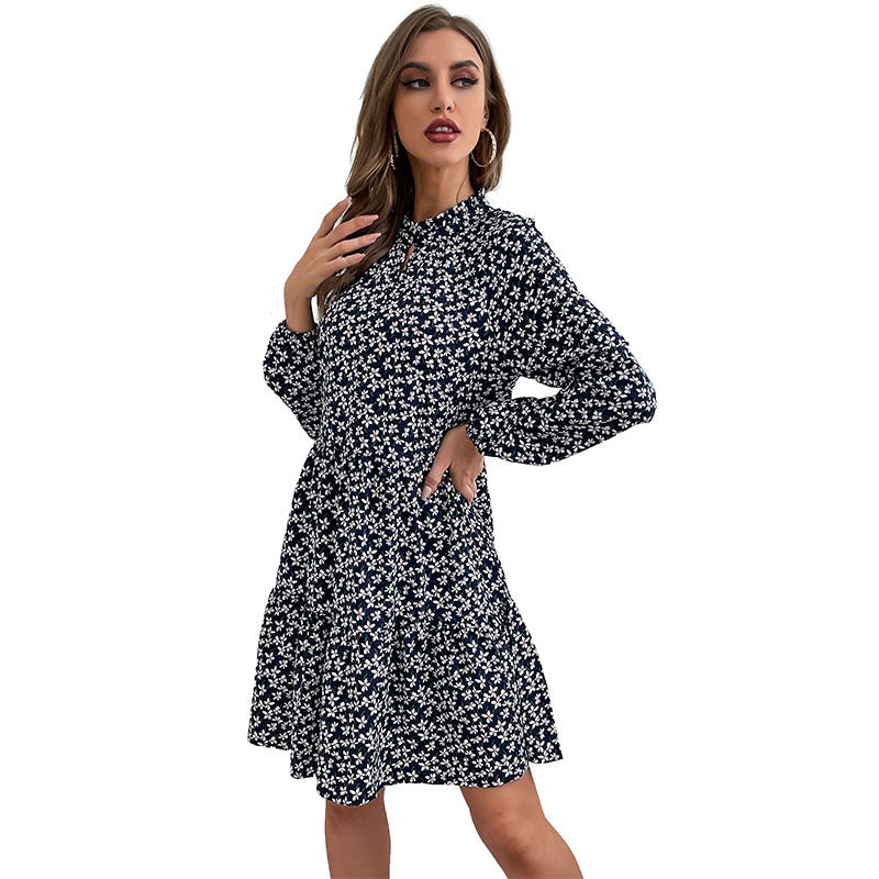 Damen Gestuftes Minikleid mit Stehkragen, Blumenprint und taillierter A‑Linie Shop Nory