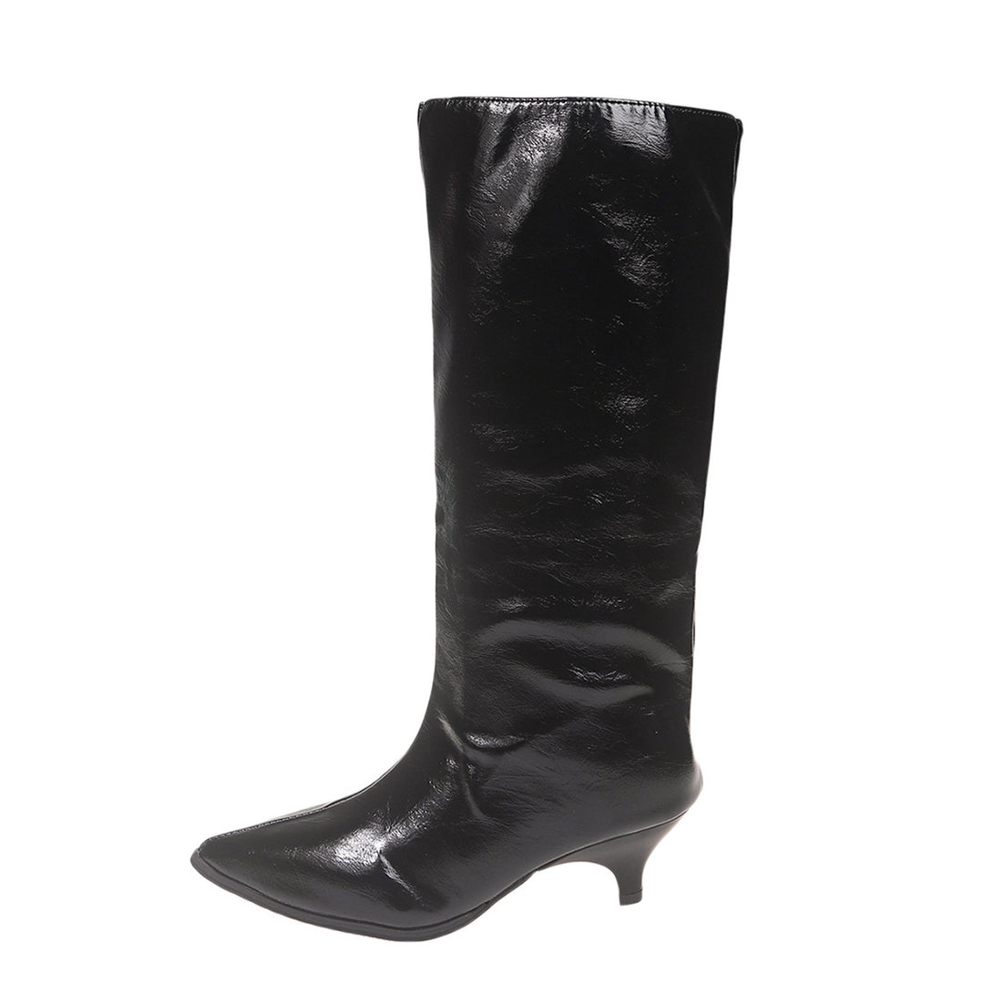 Damen Kniehohe Lackstiefel mit spitzer Zehenform und niedrigem Kitten‑Absatz Shop Nory