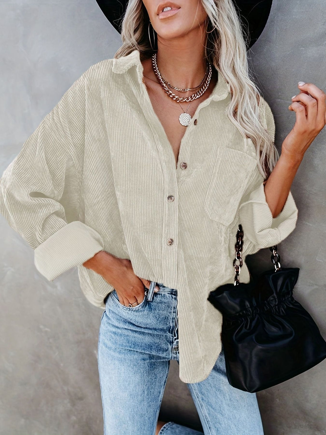 Damen Oversize Cordhemdjacke mit Brusttasche und durchgehender Knopfleiste Shop Nory