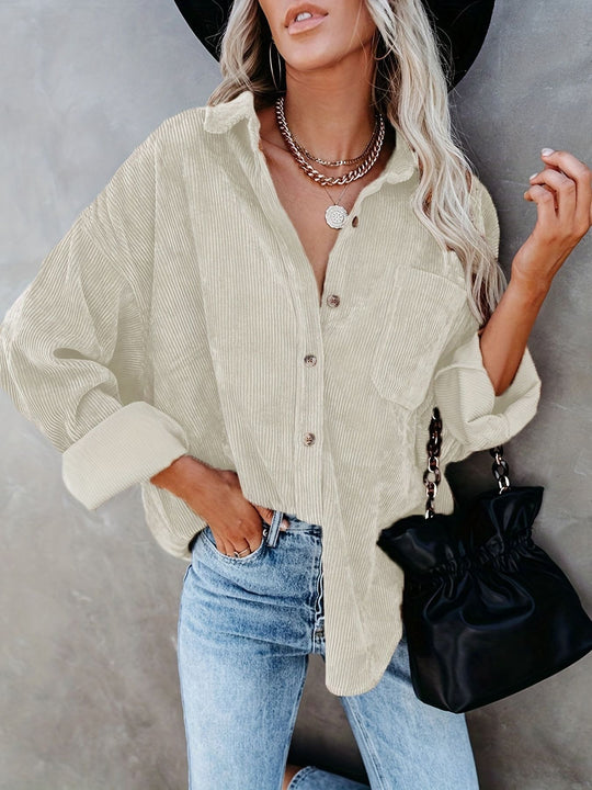 Damen Oversize Cordhemdjacke mit Brusttasche und durchgehender Knopfleiste Shop Nory
