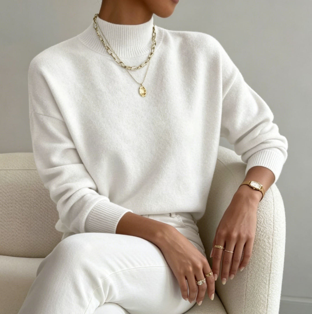 Damen kuscheliger Feinstrickpullover mit Stehkragen und überschnittener Schulter Shop Nory