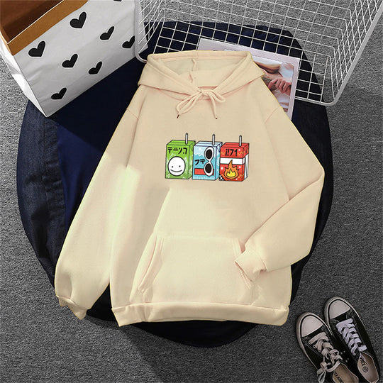 Damen nan oversized Kapuzenpullover mit Cartoon-Getränkekarton-Print, Kängurutasche und weichem Innenfutter Shop Nory