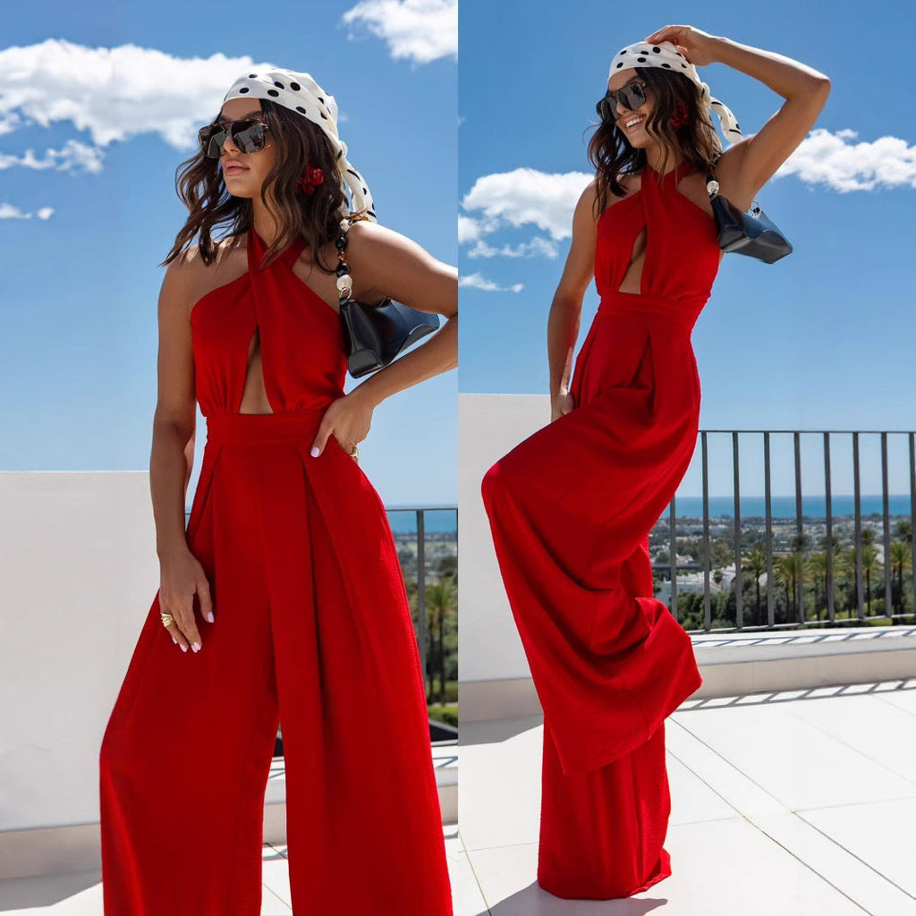 Damen Jumpsuit mit tiefem V-Ausschnitt und weiten Beinen