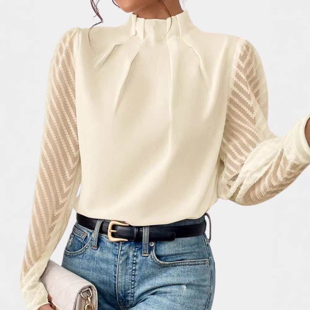 Damen Elegante Chiffonbluse mit Stehkragen, Faltenkante und transparenten Jacquard-Ärmeln Shop Nory