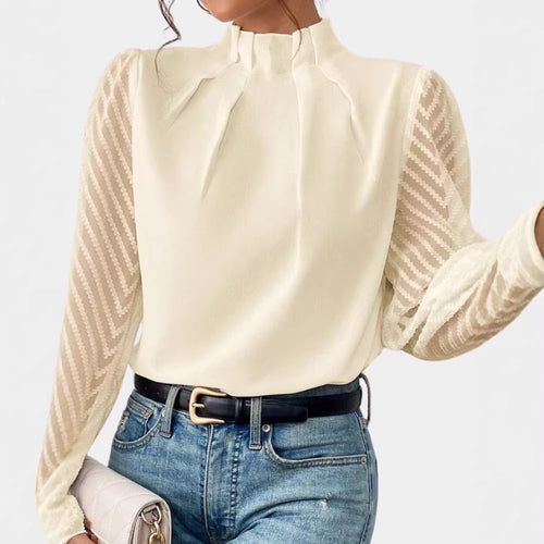 Damen Elegante Chiffonbluse mit Stehkragen, Faltenkante und transparenten Jacquard-Ärmeln Shop Nory