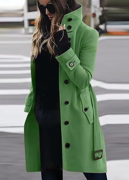 Damen Doppelreihiger Trenchcoat mit hohem Stehkragen, Taillengürtel und Manschetten-Detail Shop Nory