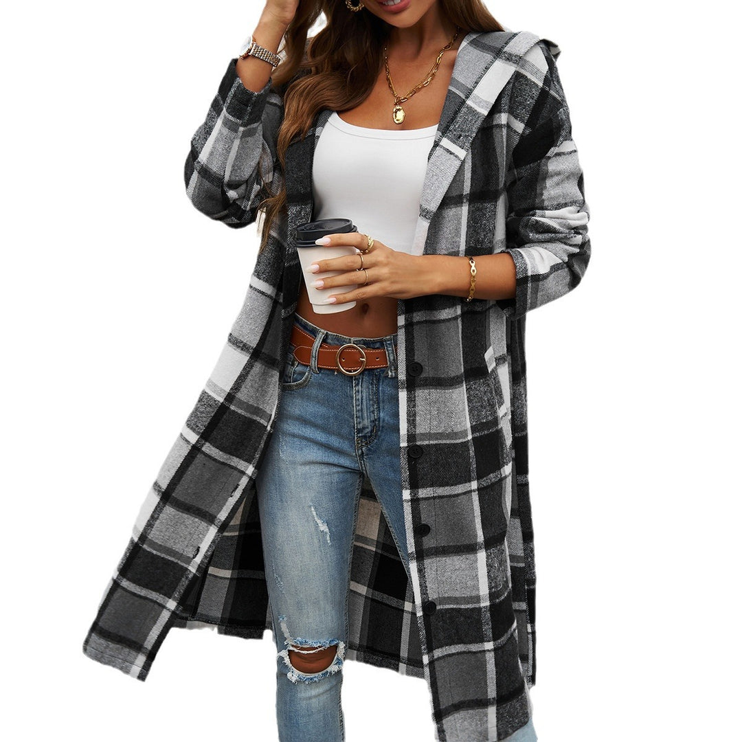 Damen nan lockeres Kapuzen-Hemdkleid mit karierter Flanelloptik, durchgehender Knopfleiste und hohem Beinschlitz Shop Nory
