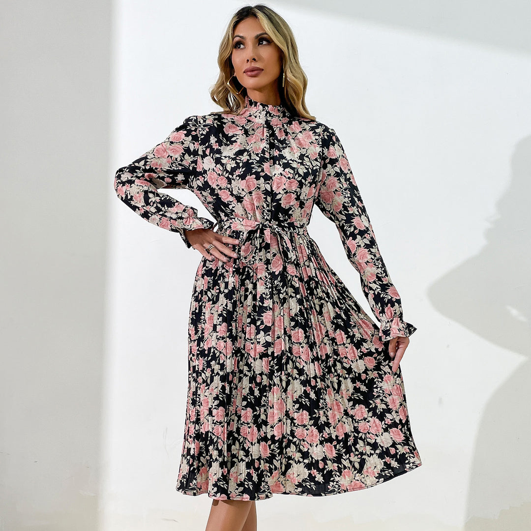 Damen Midikleid mit Blumenprint, Plissée‑Rock, Stehkragen und Bindegürtel Shop Nory