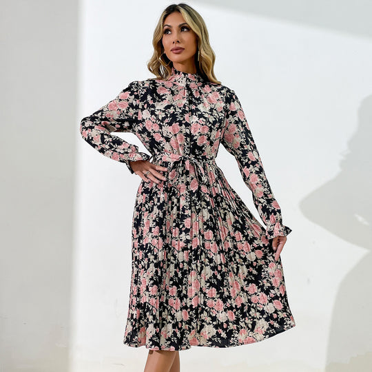 Damen Midikleid mit Blumenprint, Plissée‑Rock, Stehkragen und Bindegürtel Shop Nory