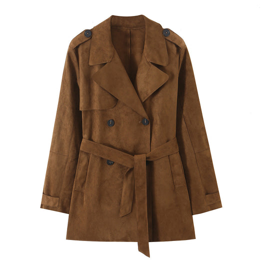 Damen Taillierter Kurztrench in Veloursleder-Optik mit doppelreihiger Knopfleiste und Schulterpatten Shop Nory