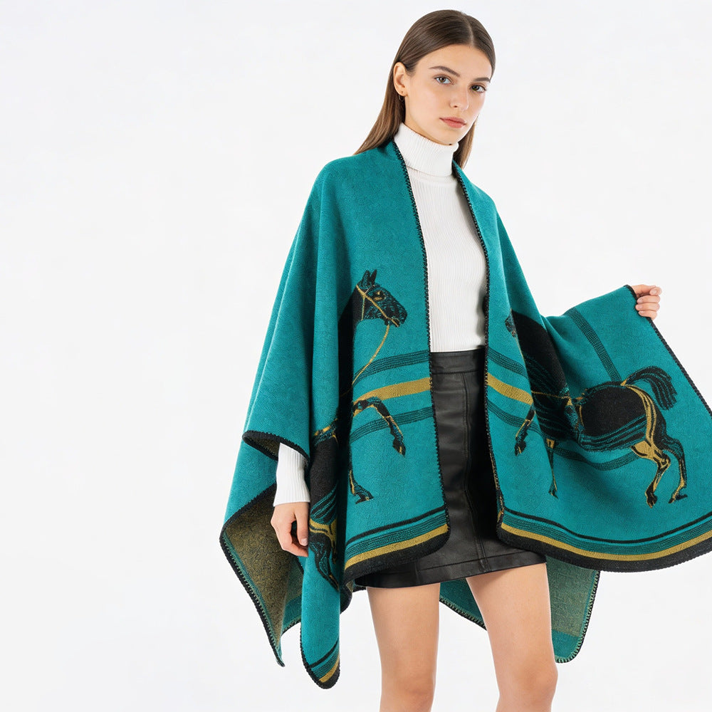 Damen Poncho-Cape aus Wollmix mit gewebtem Pferde-Jacquard und kontrastkettelung Shop Nory