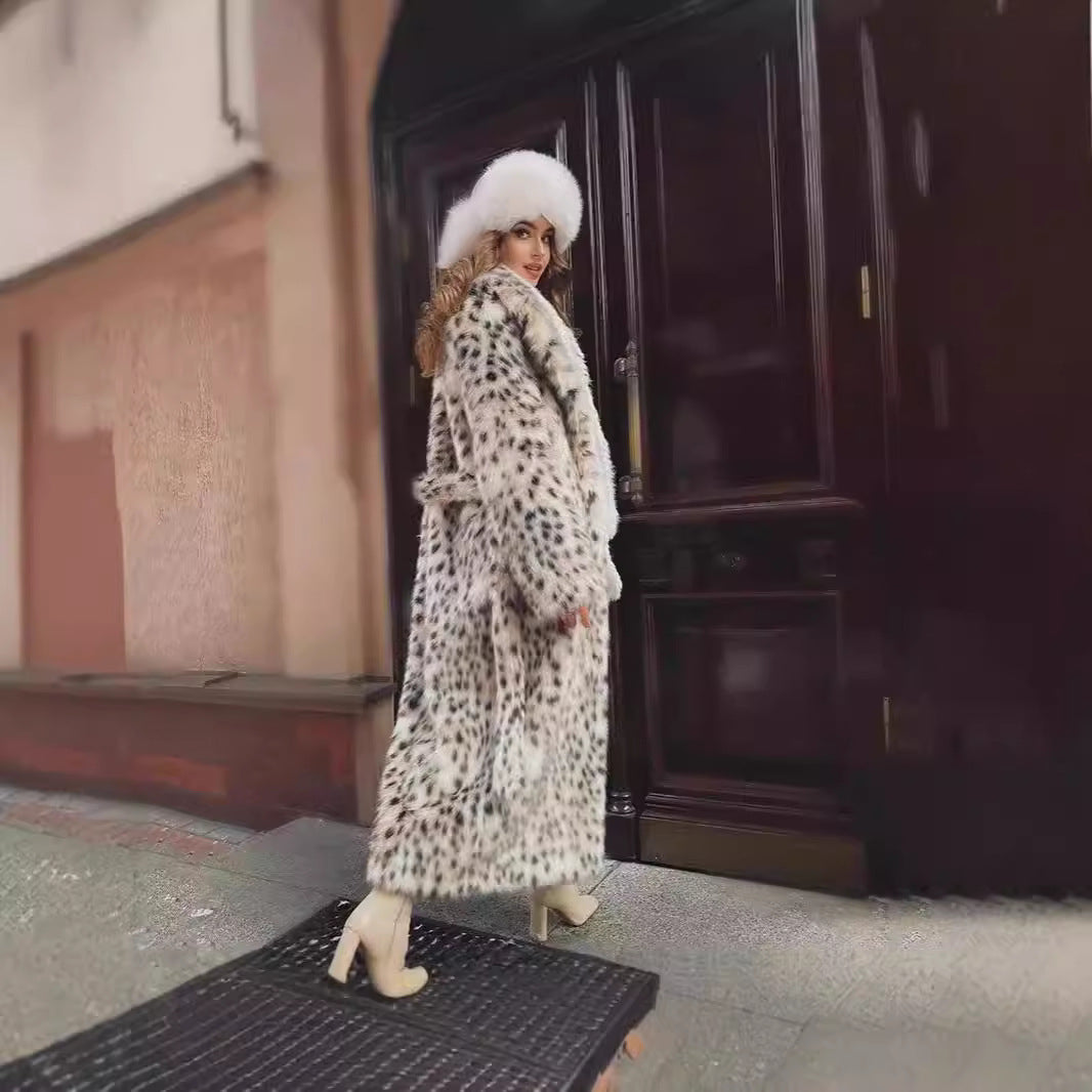 Damen langer Oversize Kunstpelzmantel mit Leopardenmuster und breitem Revers Shop Nory