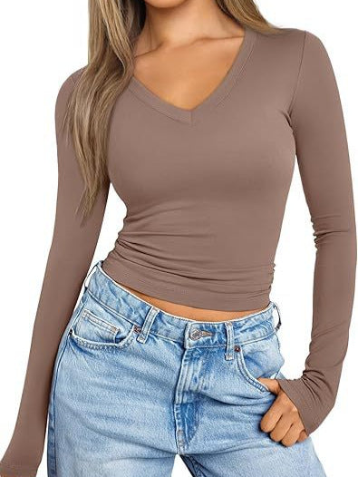 Damen Figurnahes Langarm-Cropped-Shirt mit V-Ausschnitt und elastischem Taillenbund Shop Nory