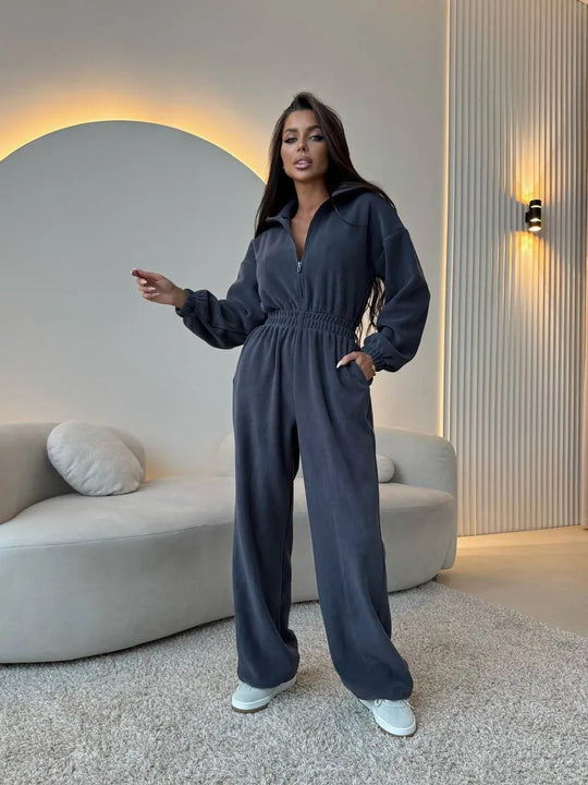 Damen eleganter Lounge-Overall mit elastischer Taillenpartie, Stehkragen, Reißverschluss und weitem Bein Shop Nory