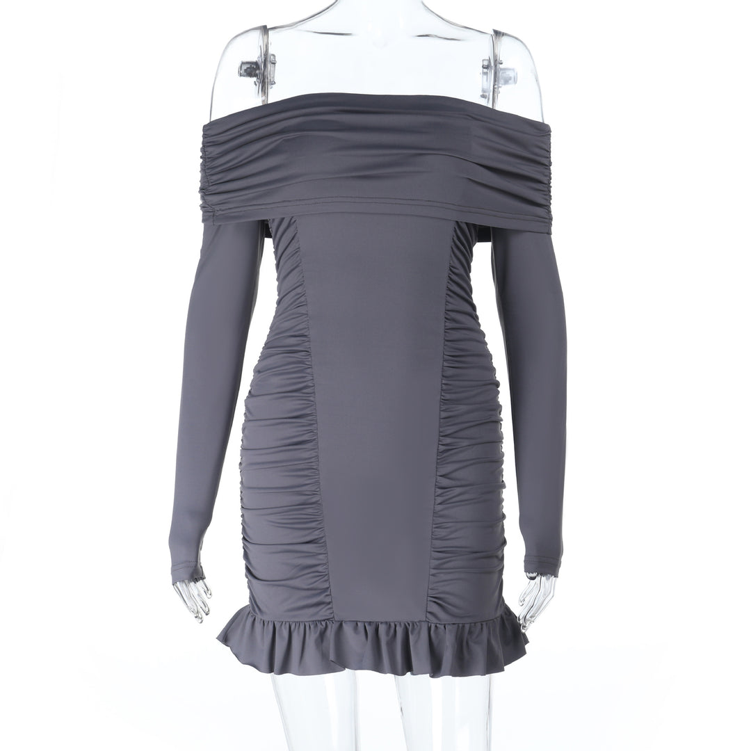 Damen Schulterfreies tailliertes Rüschen-Minikleid mit langen Ärmeln Shop Nory