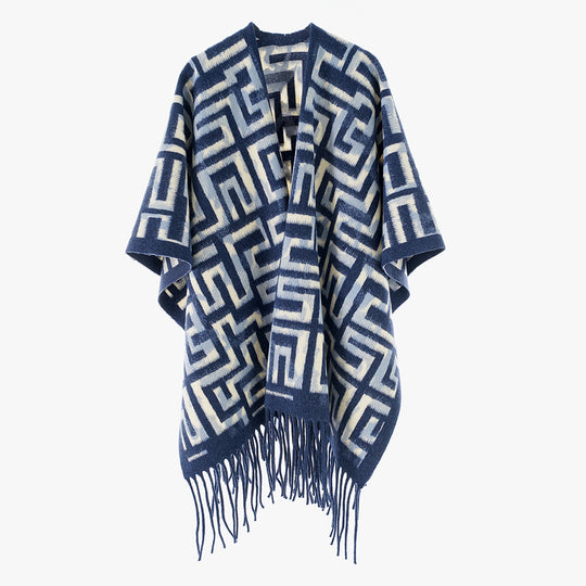 Damen Geometrischer Jacquard-Capeponcho mit Fransen und offenem Fall Shop Nory