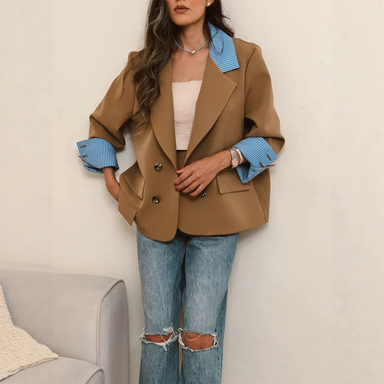 Damen Oversize-doppelreihiger Blazer mit kontrastkragen & aufschlagärmeln Shop Nory