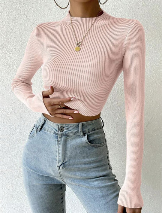 Damen Gerippter Cropped Feinstrickpullover mit Stehkragen Shop Nory
