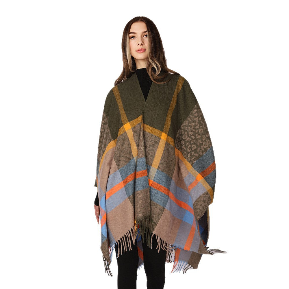 Damen Übergroßer Poncho mit Fransen und Karomuster Shop Nory