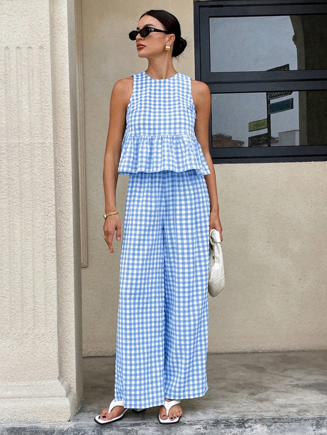 Damen Zweiteiliges Vichy-Karo-Set mit tailliertem Volanttop und weiter Palazzo-Hose Shop Nory