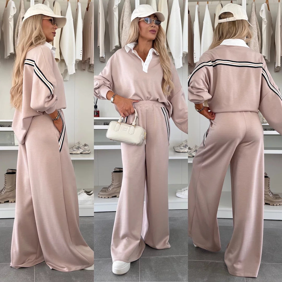 Damen modisches Relax-Set mit Polokragen, markanten Paspelstreifen und weitem Palazzo-Jogger Shop Nory