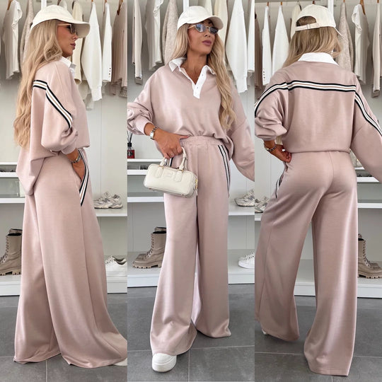 Damen modisches Relax-Set mit Polokragen, markanten Paspelstreifen und weitem Palazzo-Jogger Shop Nory