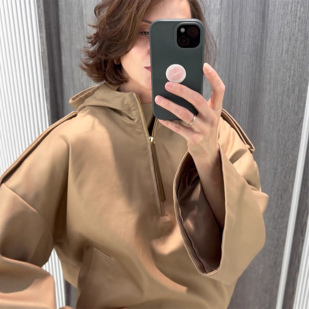 Damen Oversize Kapuzenpullover mit halbem Reißverschluss, Ballonärmeln & Tunnelzug Shop Nory