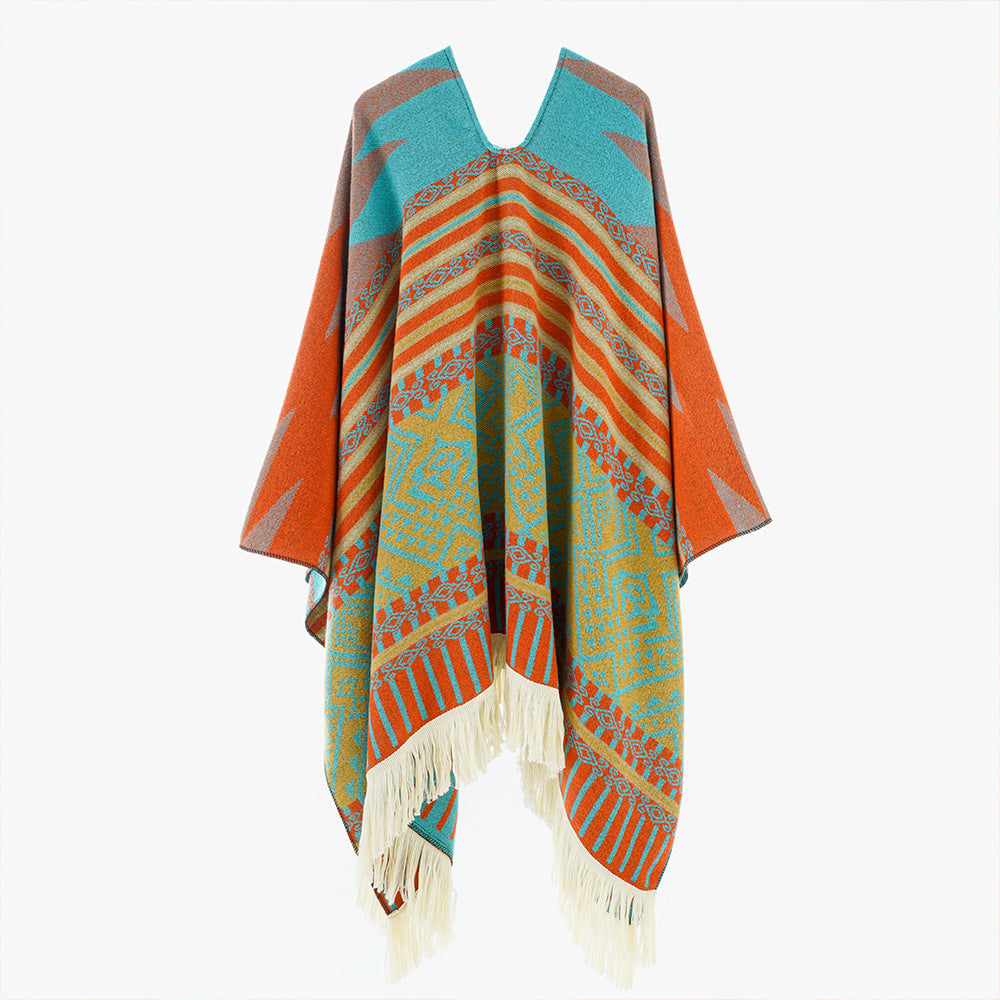 Damen Gewebter Jacquard-Poncho mit V-Ausschnitt, Ethno‑Print und Fransen Shop Nory