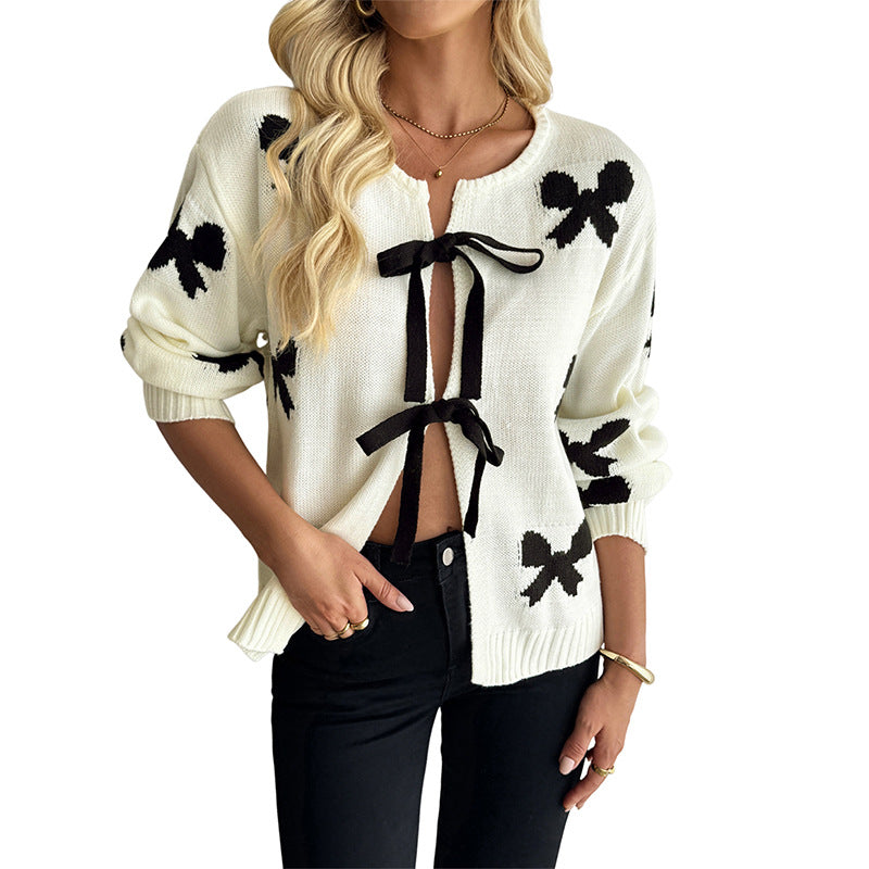 Damen Strickcardigan mit Schleifen‑Intarsien und Zierschleifenverschluss Shop Nory