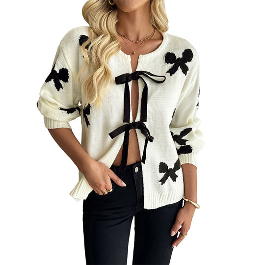 Damen Strickcardigan mit Schleifen‑Intarsien und Zierschleifenverschluss Shop Nory