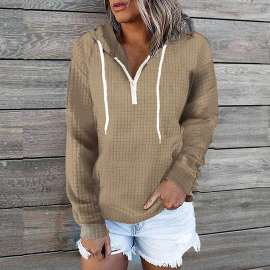 Damen Waffelstruktur Kapuzenpullover mit Halbzip, Kängurutasche und lässigem Oversize‑Schnitt Shop Nory