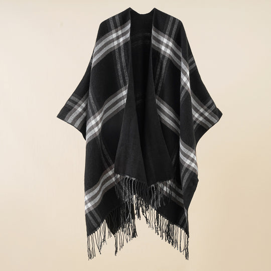 Damen Oversize-Umhang mit Karomuster, Fransen und Wolloptik Shop Nory