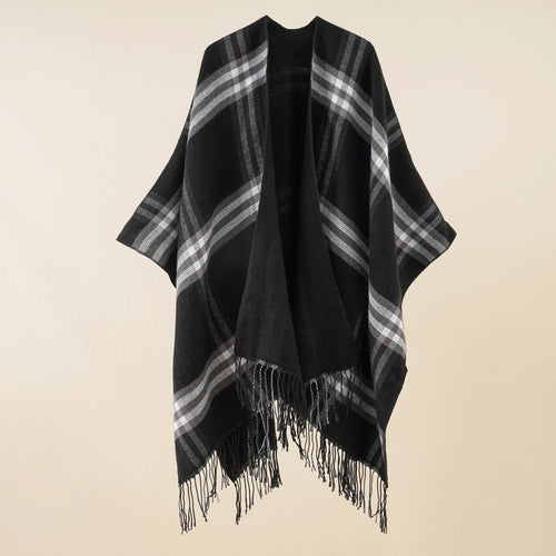 Damen Oversize-Umhang mit Karomuster, Fransen und Wolloptik Shop Nory